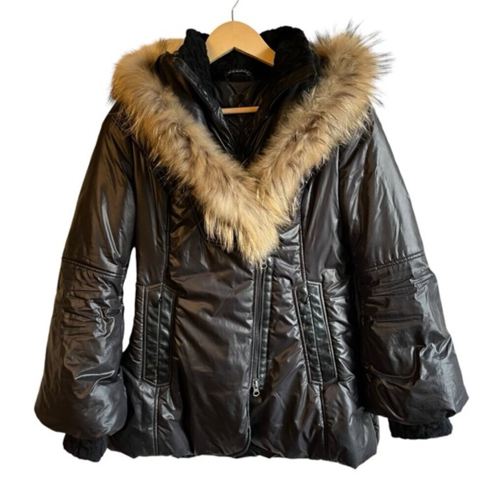 Mackage Peaches Double Zip Fur Hood Parka Small Black Nylon Cableknit Collar